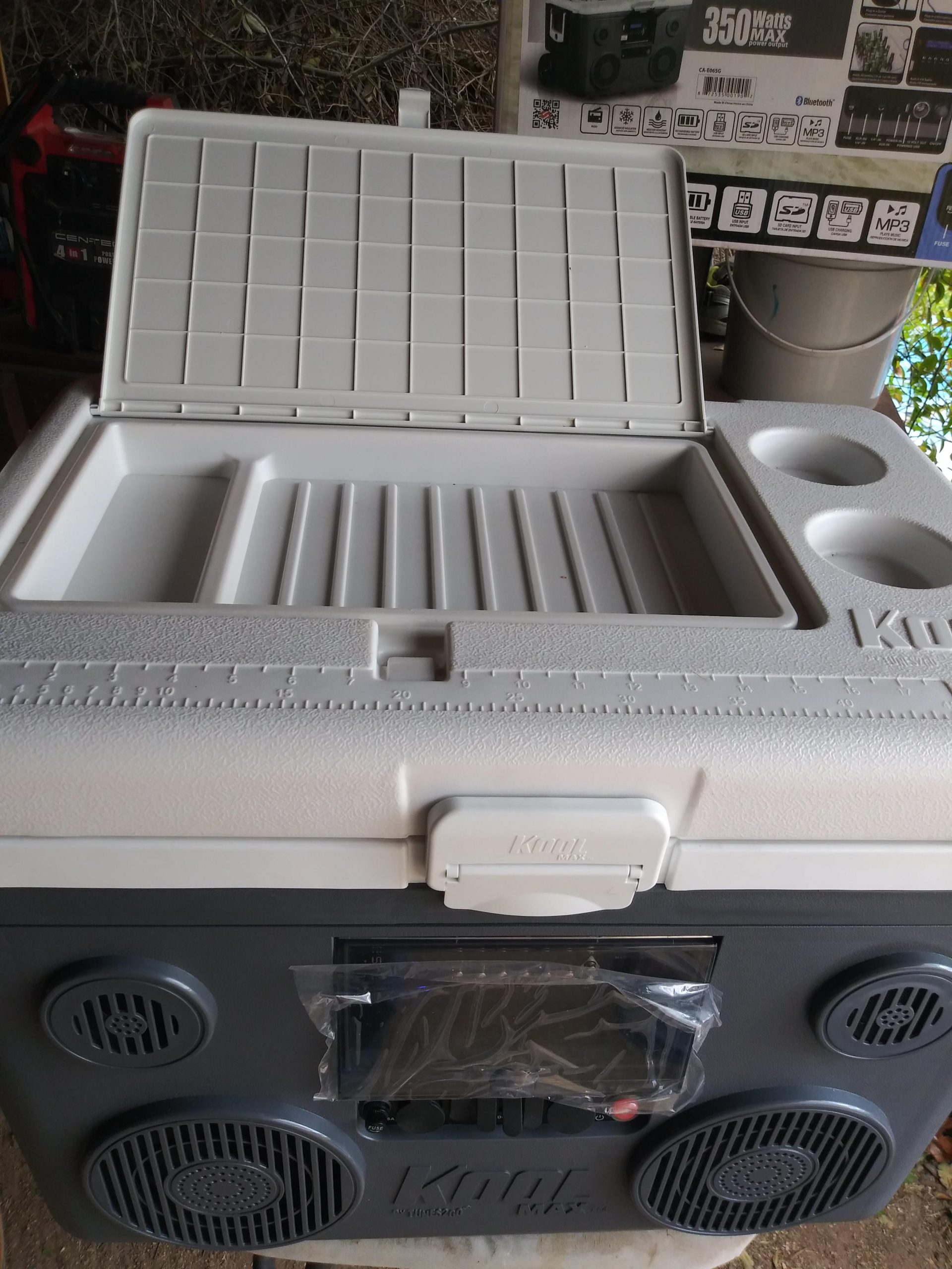 KoolMAX Cooler with Bluetooth Speaker System, 350W Boombox, 40 Qt Cooler, Rechargeable, USB 12V Car Cigarette Lighter Power Station, Guitar Amplifier, Radio, PA Machine, Karaoke, Grey - Customer Photo 2