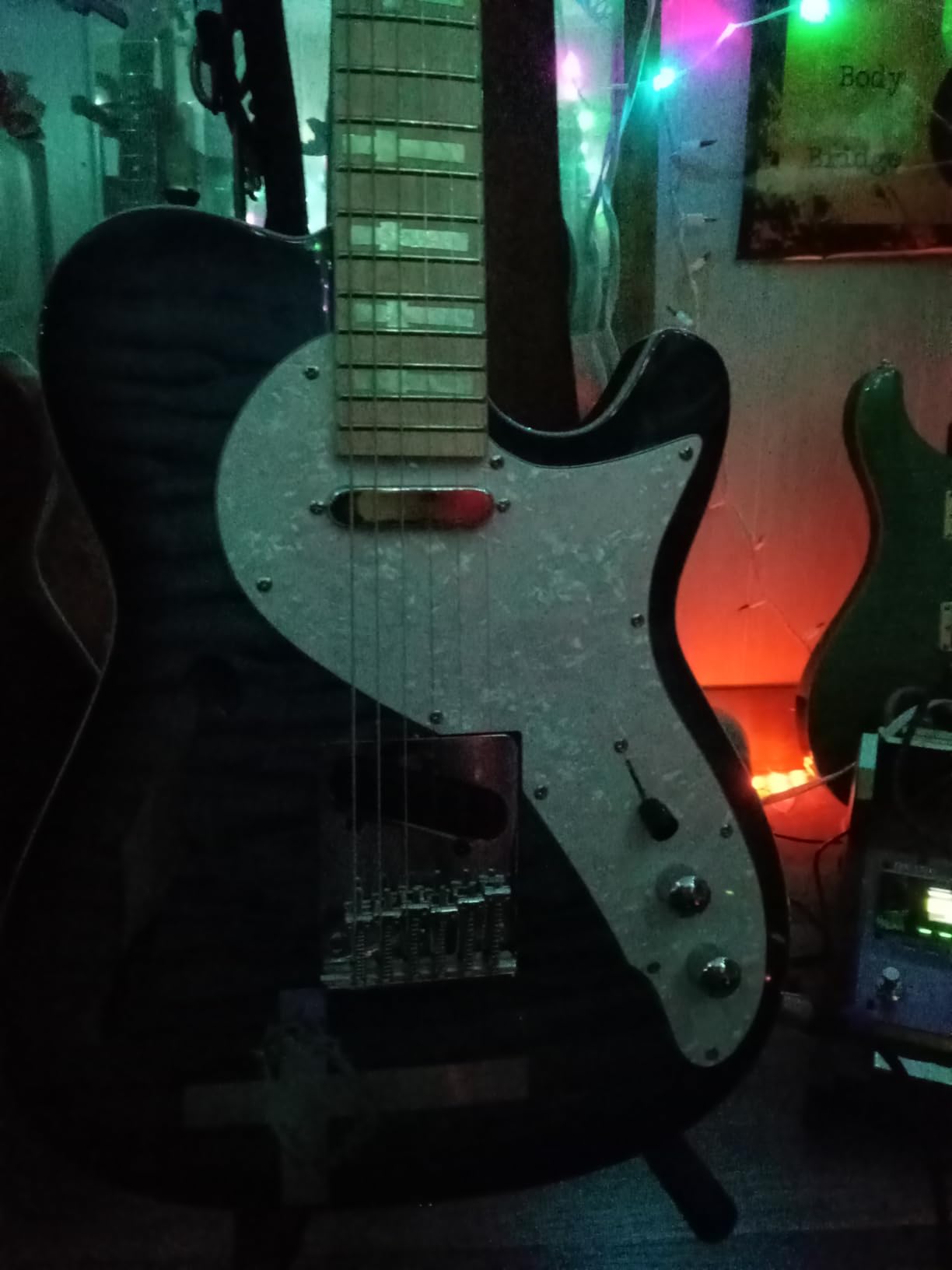 Grote Electric Guitar Semi-Hollow Body Single F-Hole Printed Tele Style Guitar Full-Size Basswood with Canadian Maple neck Chrome Hardware Picks (Blue) - Customer Photo 1