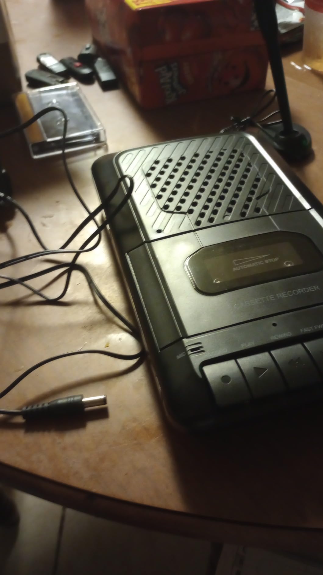 Portable Cassette Player Tape Recorder. Record to Cassettes via Mic or Aux in. Built-in Speaker to Listen to Cassettes. Includes External Mic, Aux in Cable and AC Adapter Customer Review Portable Cassette Player Tape Recorder. Record to Cassettes via Mic or Aux in. Built-in Speaker to Listen to Cassettes. Includes External Mic, Aux in Cable and AC Adapter - Customer Photo 1