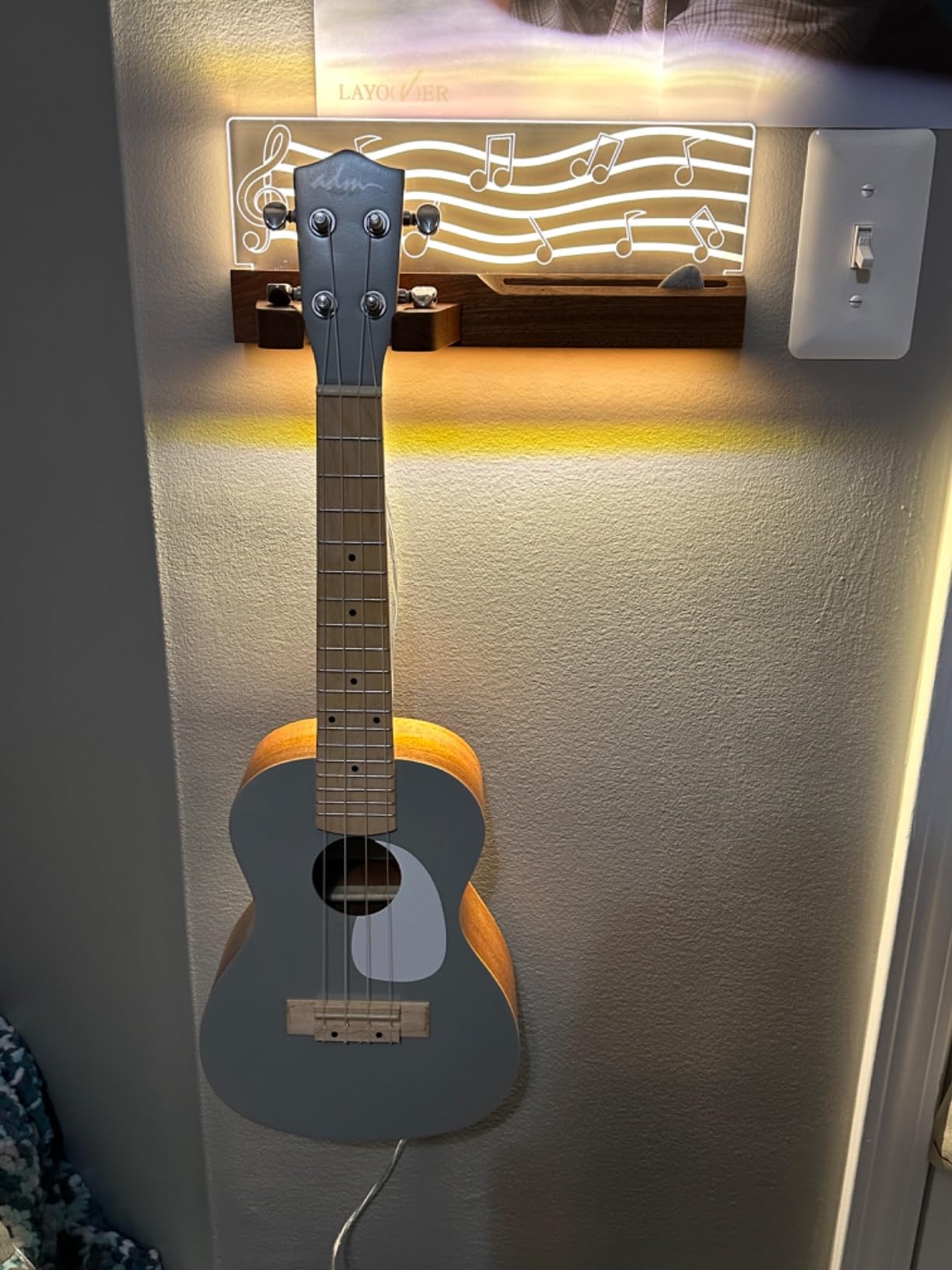 Guitar Wall Mount Stand with LED Lights - Solid Wood & Acrylic USB-Powered Guitar Accessories - Gift for Men, Guitar Players, Music Lovers (for Acoustic, Electric Bass, Ukulele) - Customer Photo 2