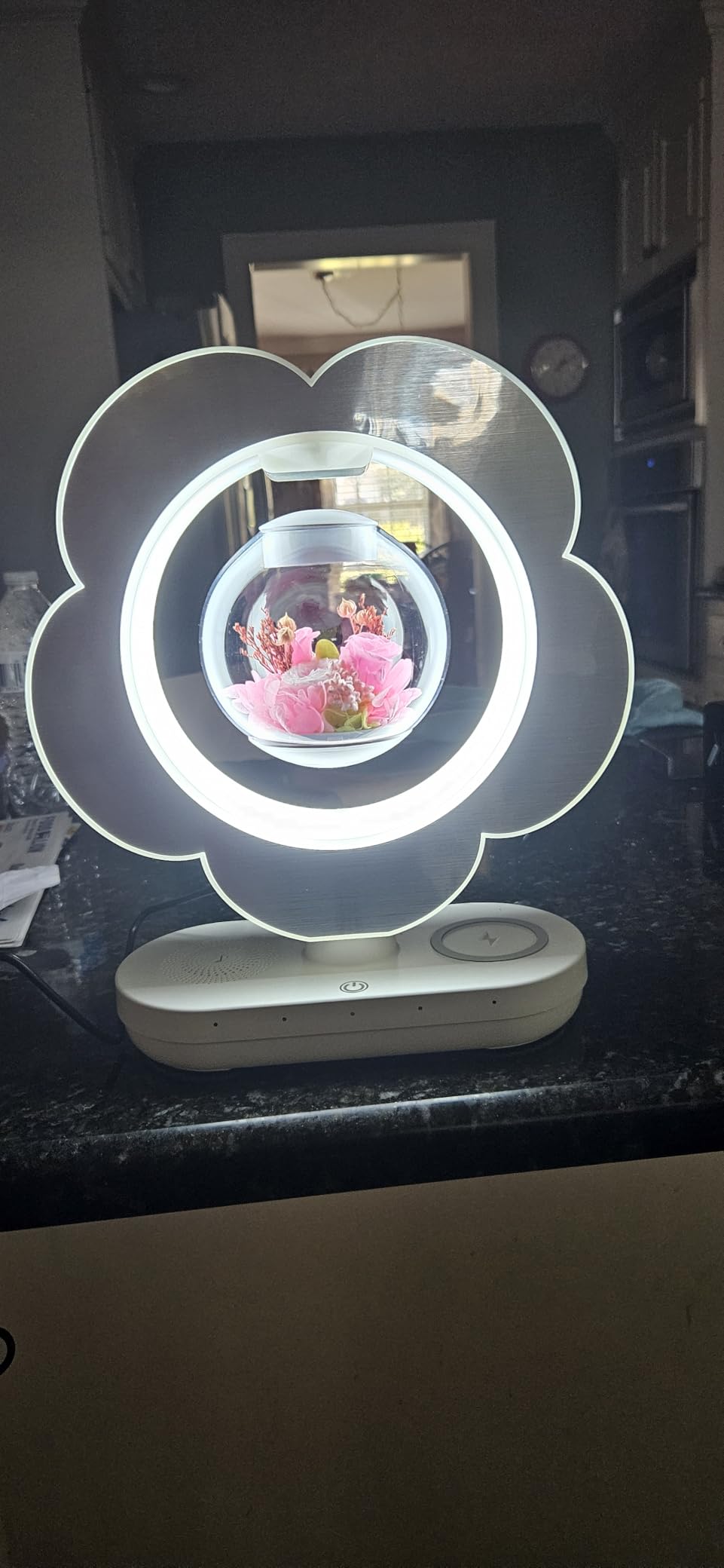 LoveLin Magnetic Levitation Circle Table Lamp with Bluetooth Speaker,5W Led Night Light,Three Variable Color,Automatic Rotating Preserved Flowers Creative Gifts Home Office Ornament Rotundity Layout - Customer Photo 1