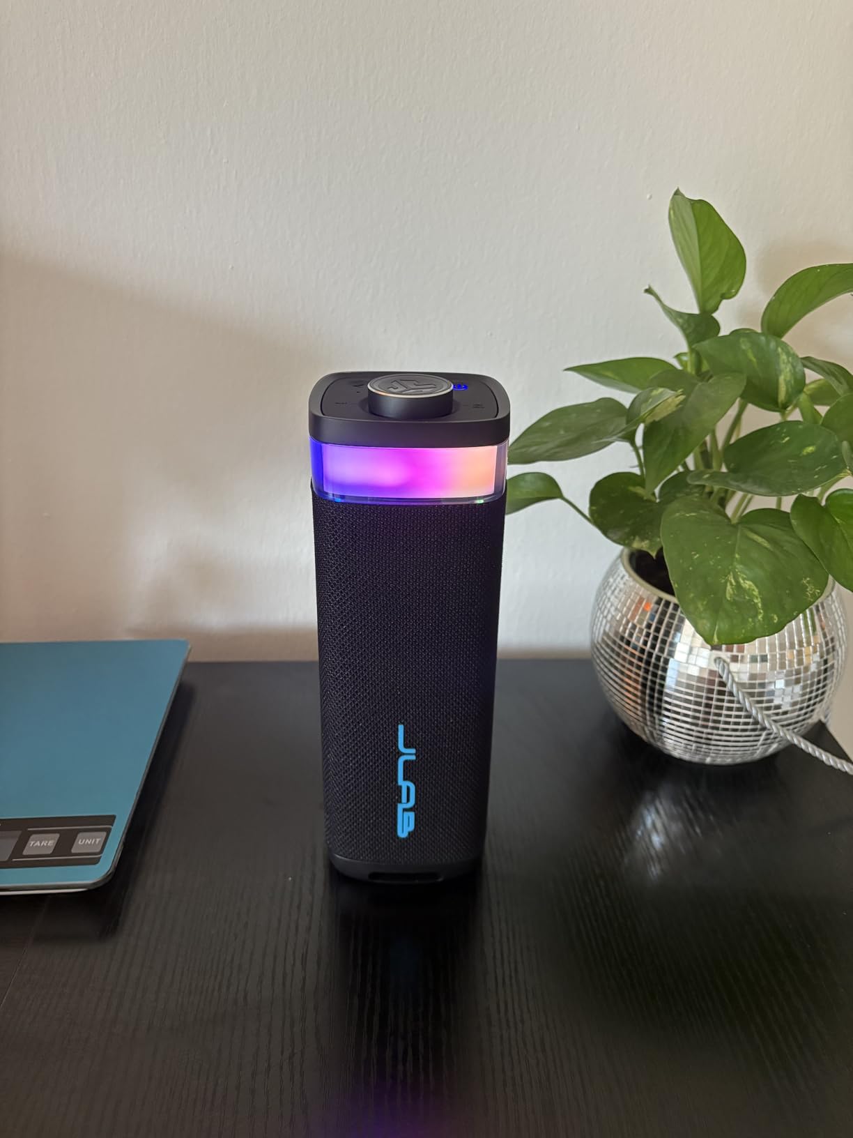 JLab JBuds Party Portable Bluetooth Speaker, 2 Full-Range Drivers + 2 Passive Woofers, IP56 Waterproof, 12 Hours Playtime, Connect Multiple Speakers, Custom Sound + RGB Lighting via App, Cyan - Customer Photo 1