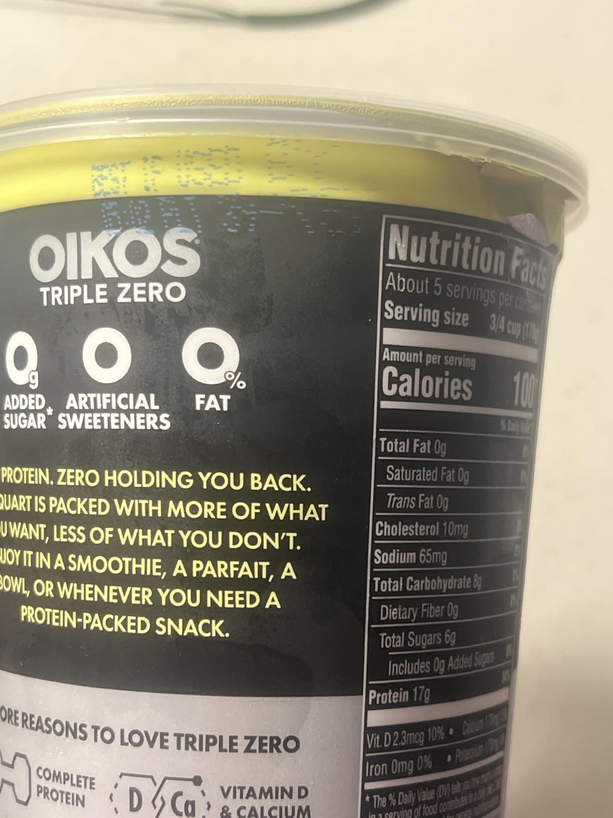 Oikos Triple Zero Vanilla Nonfat Greek Yogurt Tub, 0% Fat, 0g Added Sugar and 0 Artificial Sweeteners, Just Delicious High Protein Yogurt, 32 OZ Customer Review Oikos Triple Zero Vanilla Nonfat Greek Yogurt Tub, 0% Fat, 0g Added Sugar and 0 Artificial Sweeteners, Just Delicious High Protein Yogurt, 32 OZ - Customer Photo 2