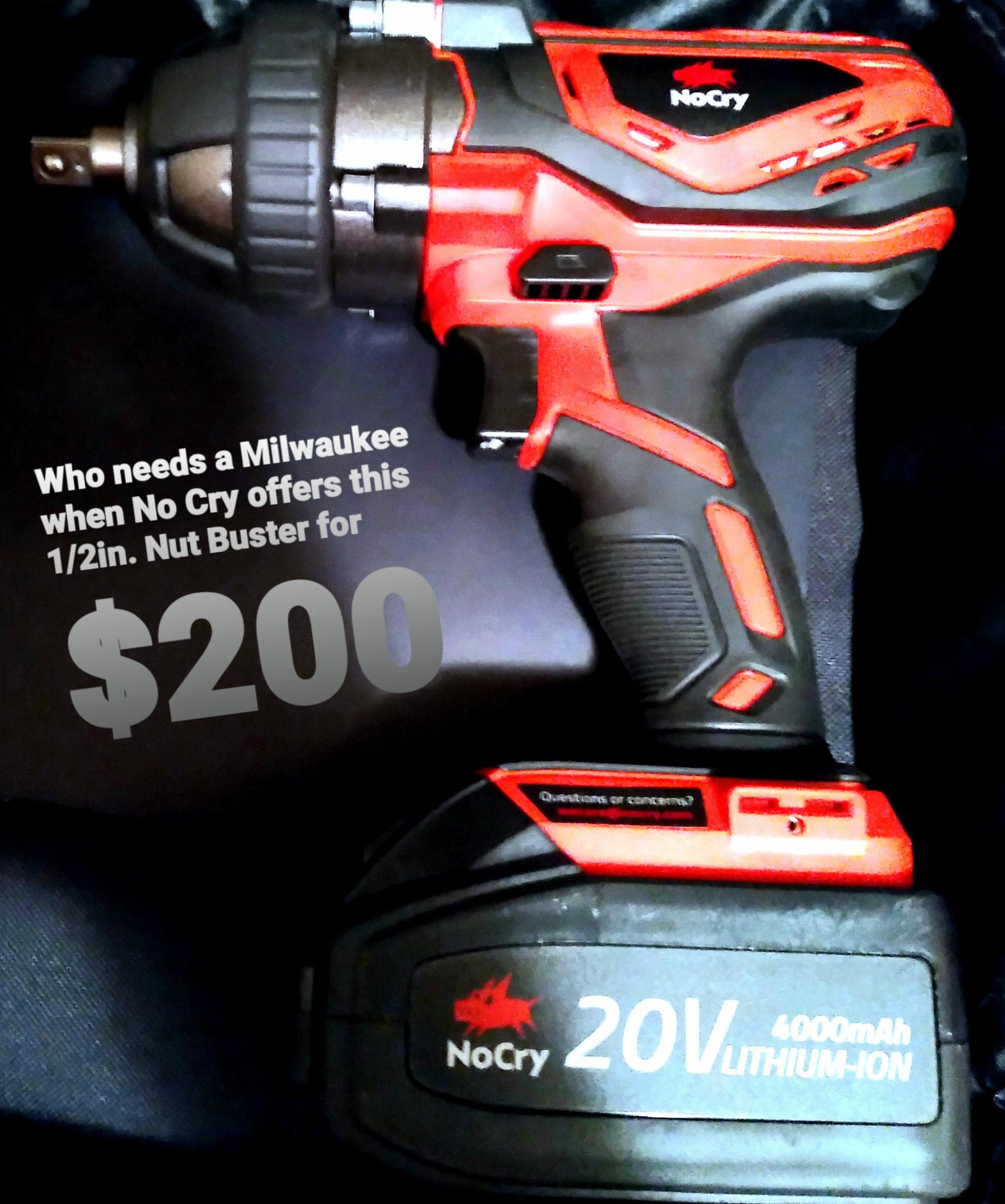 NoCry 20V Cordless Impact Wrench Kit - 300 ft-lb (400 N.m) Torque, 1/2 inch Detent Anvil, 2700 Max IPM, 2200 Max RPM, Belt Clip; 4.0 Ah Battery, Fast Charger & Carrying Case Included Customer Review NoCry 20V Cordless Impact Wrench Kit - 300 ft-lb (400 N.m) Torque, 1/2 inch Detent Anvil, 2700 Max IPM, 2200 Max RPM, Belt Clip; 4.0 Ah Battery, Fast Charger & Carrying Case Included - Customer Photo 1