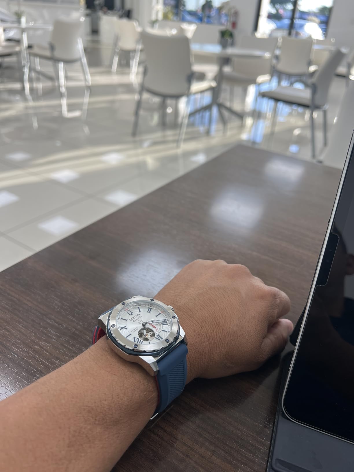 Bulova Men's Marine Star 'Series A' Automatic Stainless Steel Case with Blue Textured Silicone Strap, Open Aperture, Silver White Dial Model: 98A225 Customer Review Bulova Men's Marine Star 'Series A' Automatic Stainless Steel Case with Blue Textured Silicone Strap, Open Aperture, Silver White Dial Model: 98A225 - Customer Photo 2