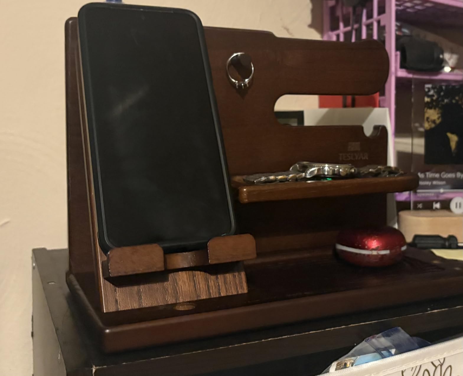 TESLYAR Wood Phone Docking Station for Men - Desk or Nightstand Organizer - Birthday Gifts for Husband, Dad - Anniversary Idea from Wife - Key Holder, Stand Wallet, Watch & Essentials (Bourbon Brown) - Customer Photo 1
