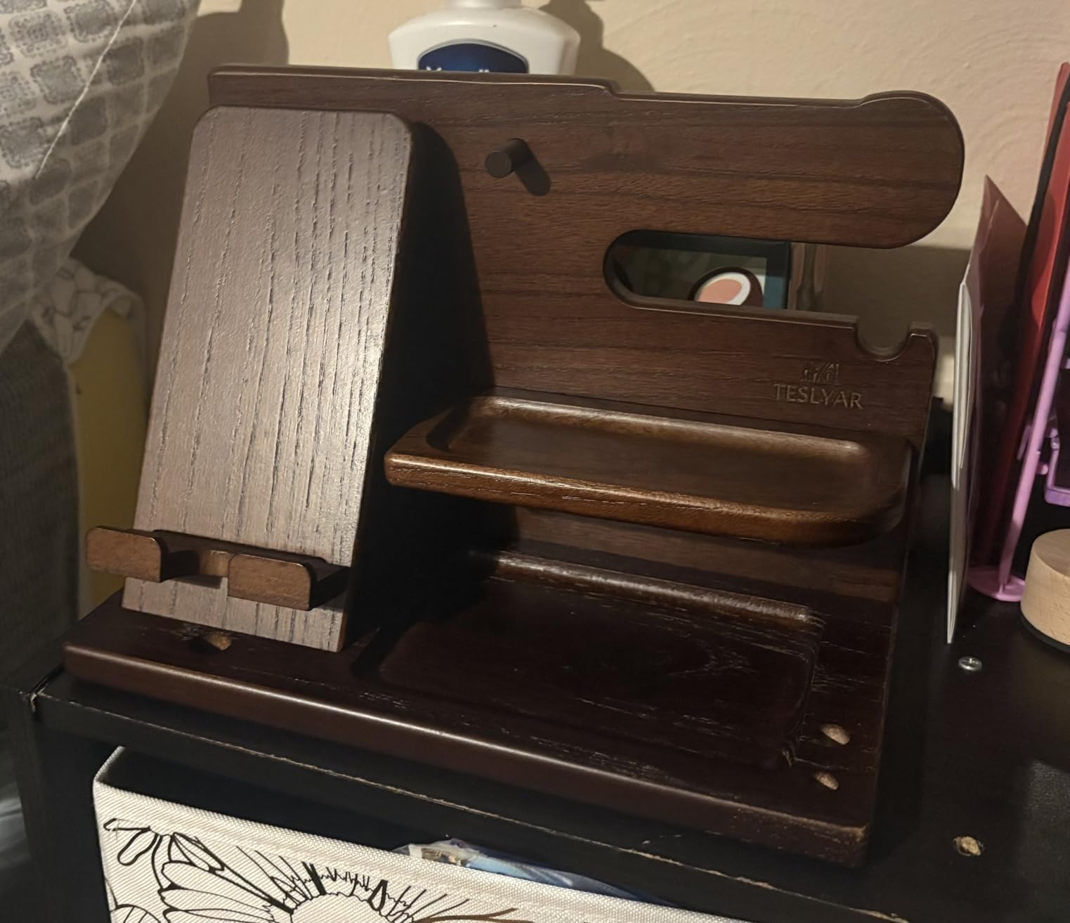 TESLYAR Wood Phone Docking Station for Men - Desk or Nightstand Organizer - Birthday Gifts for Husband, Dad - Anniversary Idea from Wife - Key Holder, Stand Wallet, Watch & Essentials (Bourbon Brown) customer photo 2