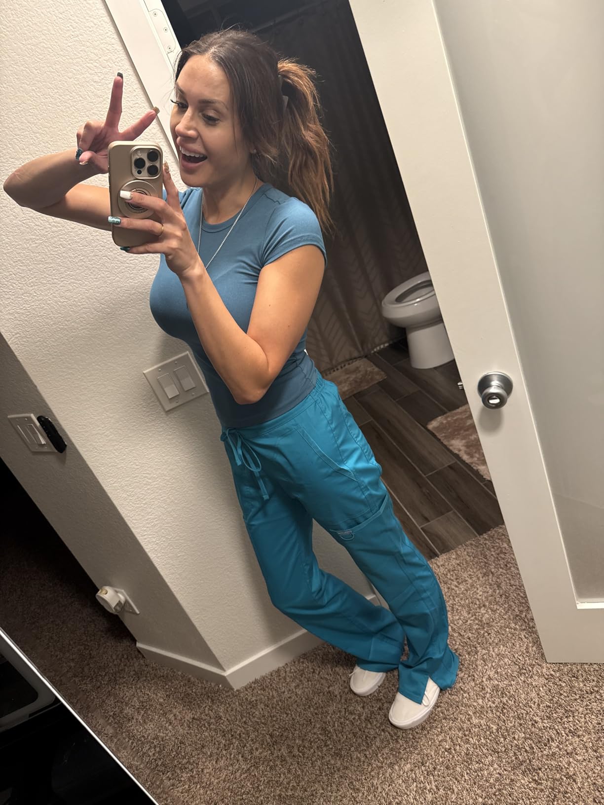 Cherokee Scrubs for Women Mid Rise Moderate Flare Drawstring Pant with 5 Pockets, Ultra Soft & Breathable Fabric - WW120 Customer Review Cherokee Scrubs for Women Mid Rise Moderate Flare Drawstring Pant with 5 Pockets, Ultra Soft & Breathable Fabric - WW120 - Customer Photo 1