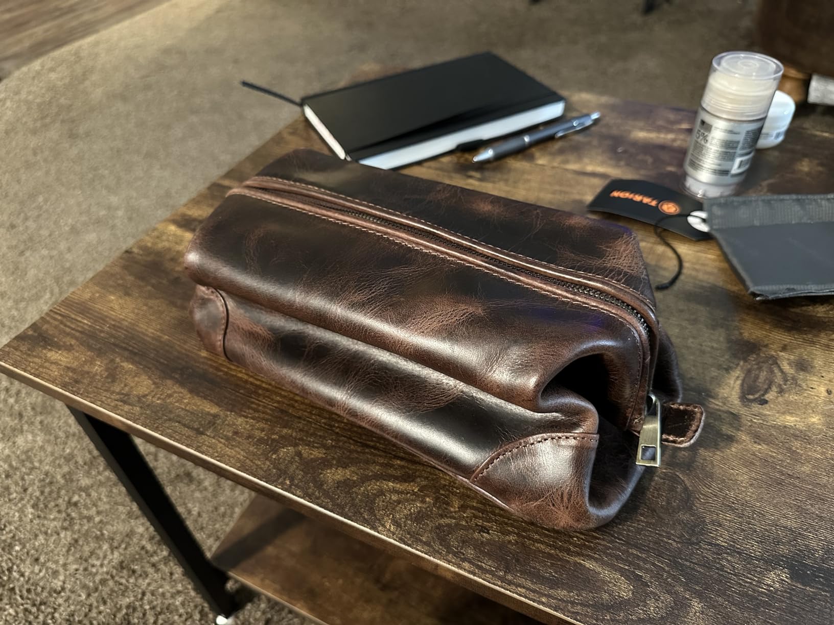 HLC Leather Toiletry Bag for Men - Premium Genuine Leather Dopp Kit Shaving Kit Organizer Travel Kit Pouch Bag - Large Size - Rustic Brown - Customer Photo 2