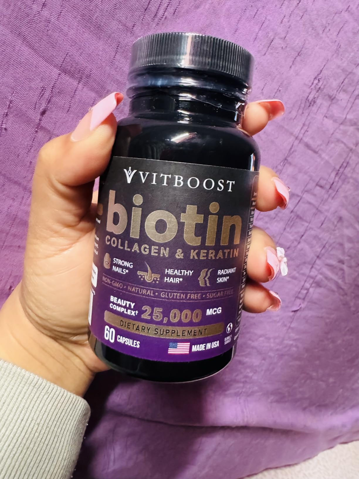 VITBOOST Biotin with Hyaluronic Acid, Collagen and Keratin – 25000 mcg Hair Growth Vitamins for Men and Women – Nails and Skin, USA Made - Third Party Tested, B1, B2, B3, B6, B7 Complex - 60 Capsules Customer Review VITBOOST Biotin with Hyaluronic Acid, Collagen and Keratin – 25000 mcg Hair Growth Vitamins for Men and Women – Nails and Skin, USA Made - Third Party Tested, B1, B2, B3, B6, B7 Complex - 60 Capsules - Customer Photo 5