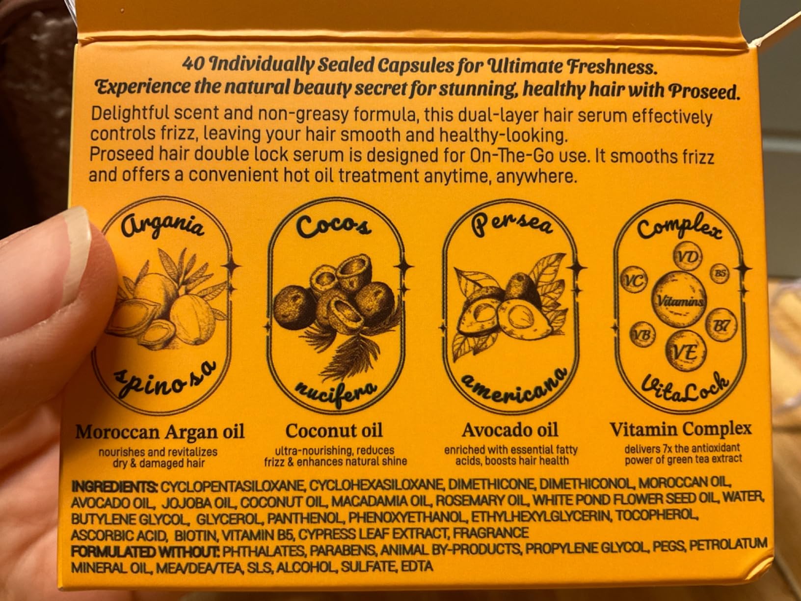 Proseed Hair Vitamins, 3-in-1 Solution: Hot Oil Treatment & Leave-in Serum &Perfumed Care for Frizzy, Dry, Damaged Hair, with Moroccan, Avocado, Coconut Oil, Vitamin C, E, B5 & Biotin (40 Caps) Customer Review Proseed Hair Vitamins, 3-in-1 Solution: Hot Oil Treatment & Leave-in Serum &Perfumed Care for Frizzy, Dry, Damaged Hair, with Moroccan, Avocado, Coconut Oil, Vitamin C, E, B5 & Biotin (40 Caps) - Customer Photo 1