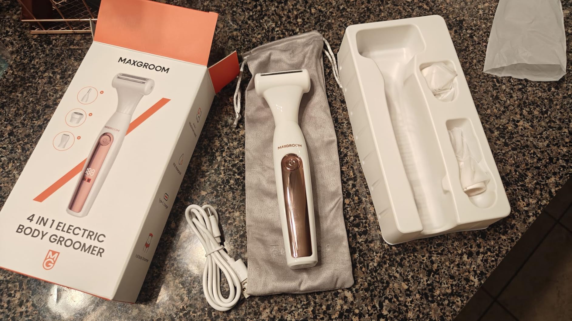 MAXGROOM Bikini Trimmer for Women, 4-in-1 Waterproof Lady's Electric Razor Shaver and Facial Hair Removal, Rechargeable Body Hair Trimmer Grooming Sets for Leg, Armpit, Face, Eyebrow (White) Customer Review MAXGROOM Bikini Trimmer for Women, 4-in-1 Waterproof Lady's Electric Razor Shaver and Facial Hair Removal, Rechargeable Body Hair Trimmer Grooming Sets for Leg, Armpit, Face, Eyebrow (White) - Customer Photo 1