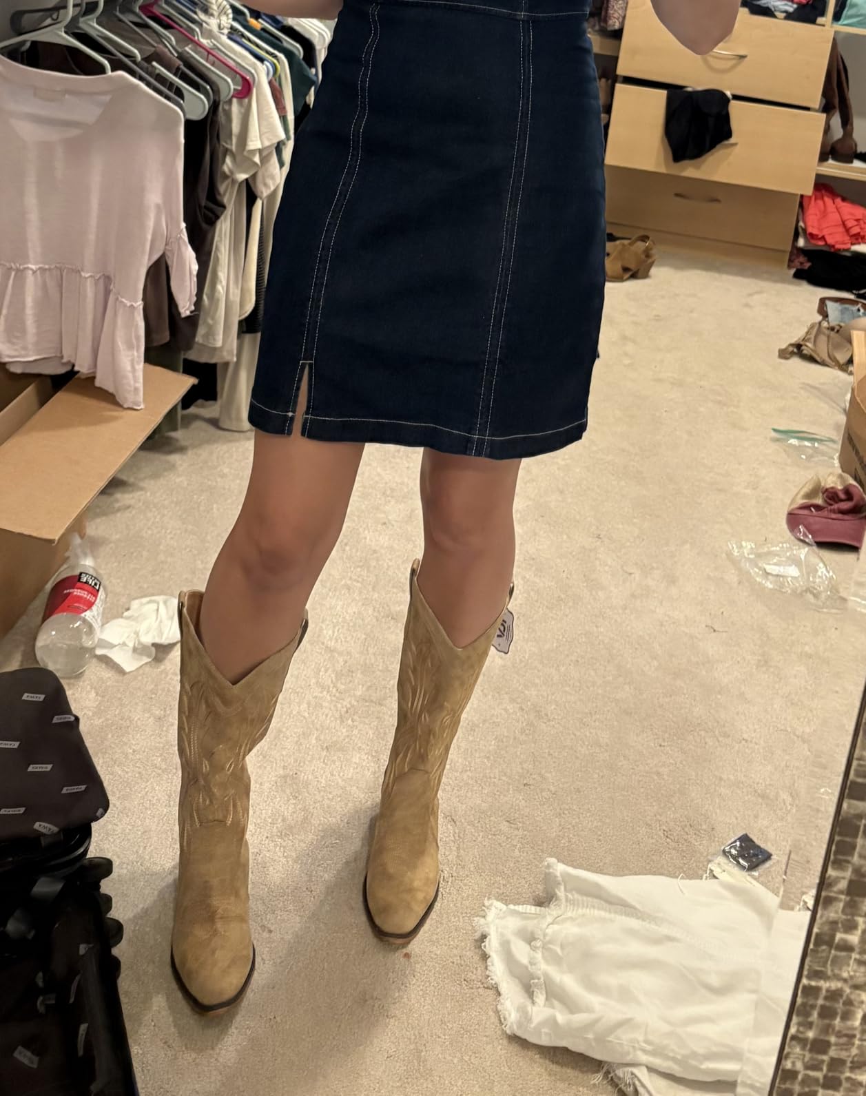 IUV Cowboy Boots For Women Western Cowgirl Boots with Chunky Heel Mid Calf Snip Toe Ideal for low insteps - Customer Photo 2
