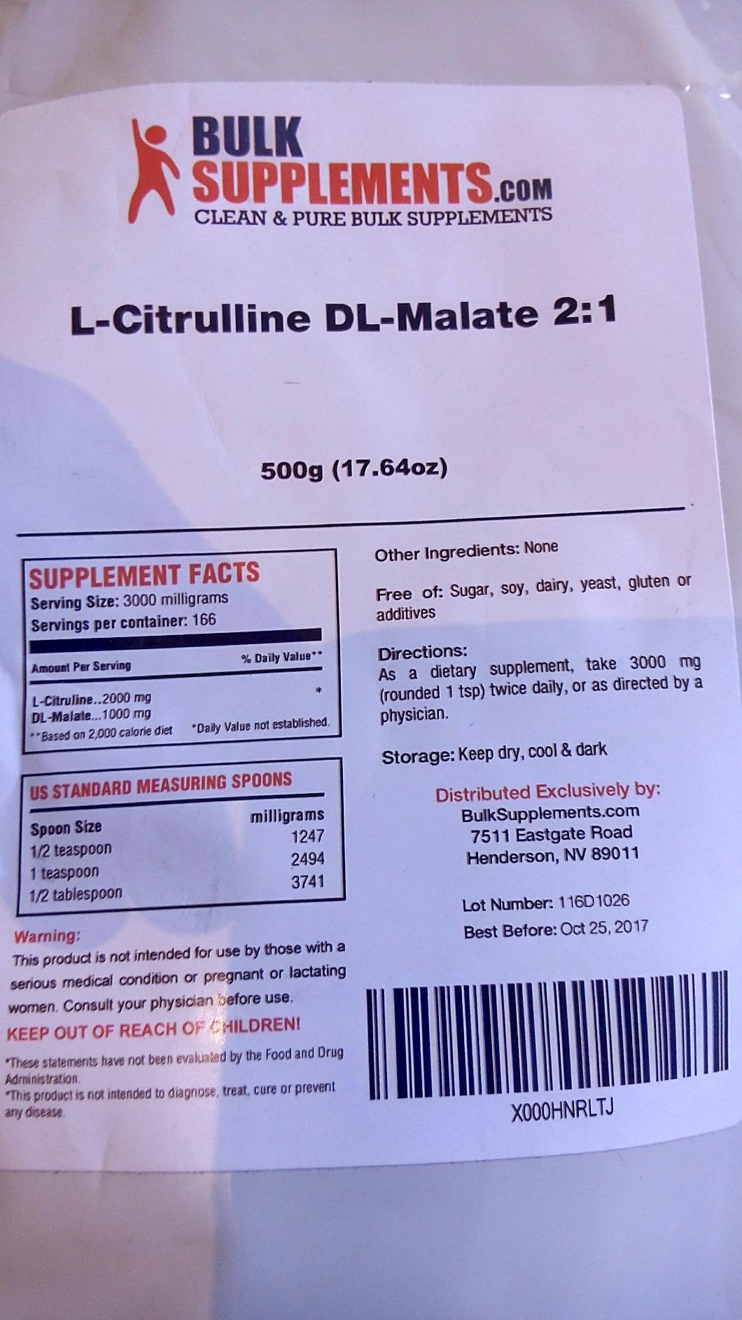 BulkSupplements.com L-Citrulline Malate 2:1 Powder - Nitric Oxide Boost, Citrulline Malate Supplement - Unflavored & Gluten Free - 3g per Servings, 500g (1.1 lbs) (Pack of 1) customer photo 2