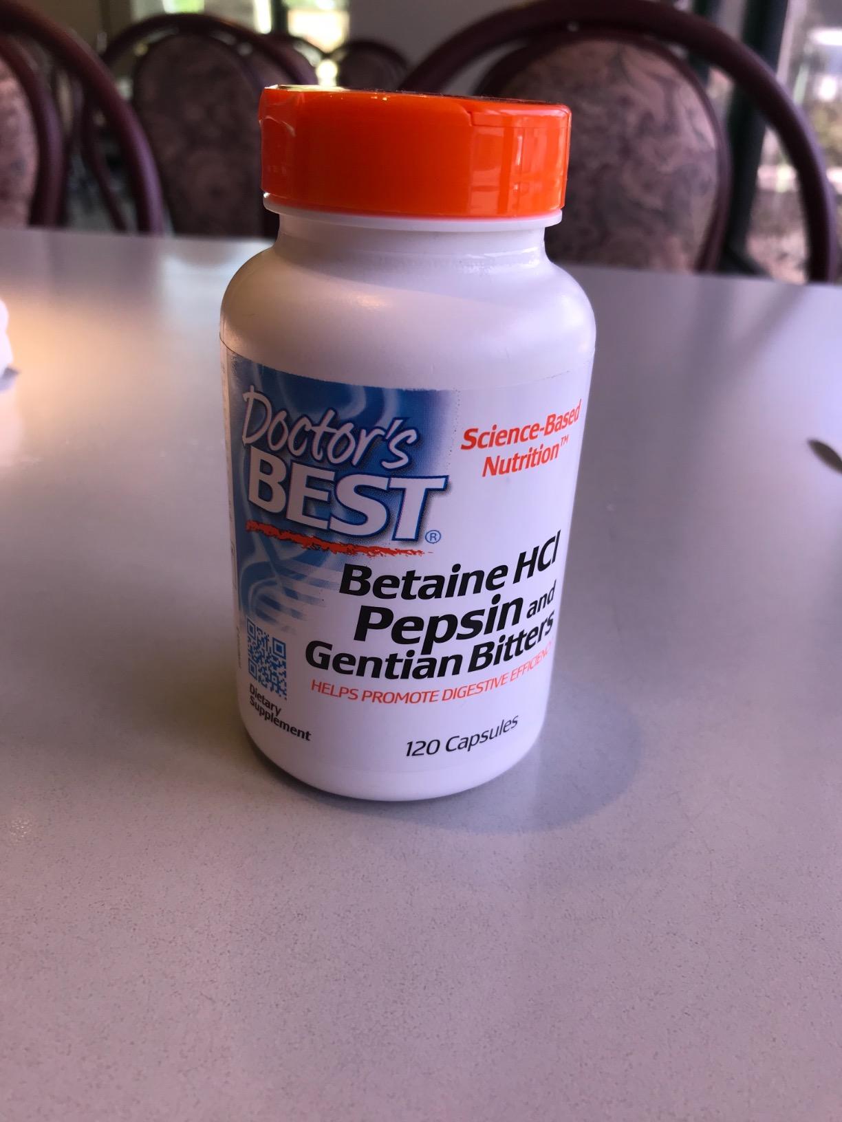 Doctor's Best Betaine HCI Pepsin & Gentian Bitters, Digestive Enzymes for Protein Breakdown & Absorption, Non-GMO, Gluten Free, 120 Caps, Original Version customer photo 1