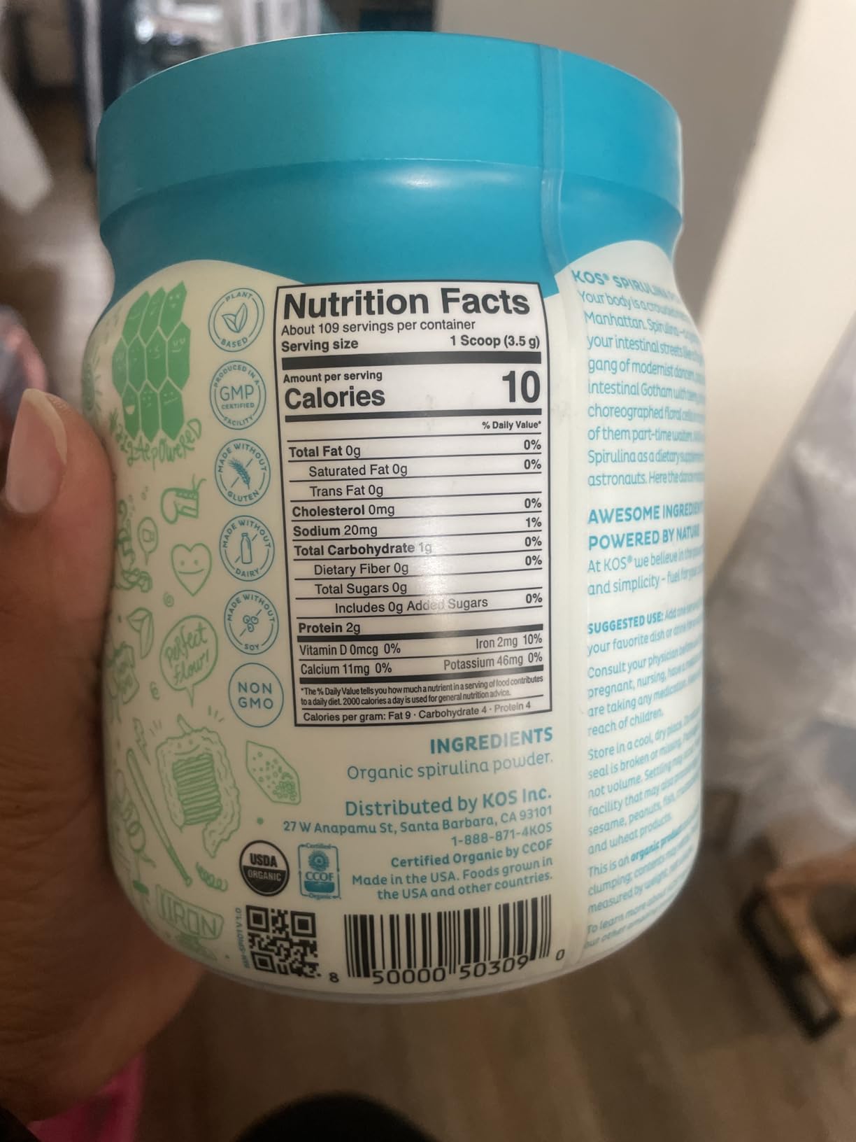 KOS Organic Spirulina Powder - USDA Certified Organic, 109 Servings of Superfood Powder for Smoothies & Juices, Non-Irradiated Blue Green Algae, Plant Based with Antioxidants, Vegan (13.5oz) customer photo 1