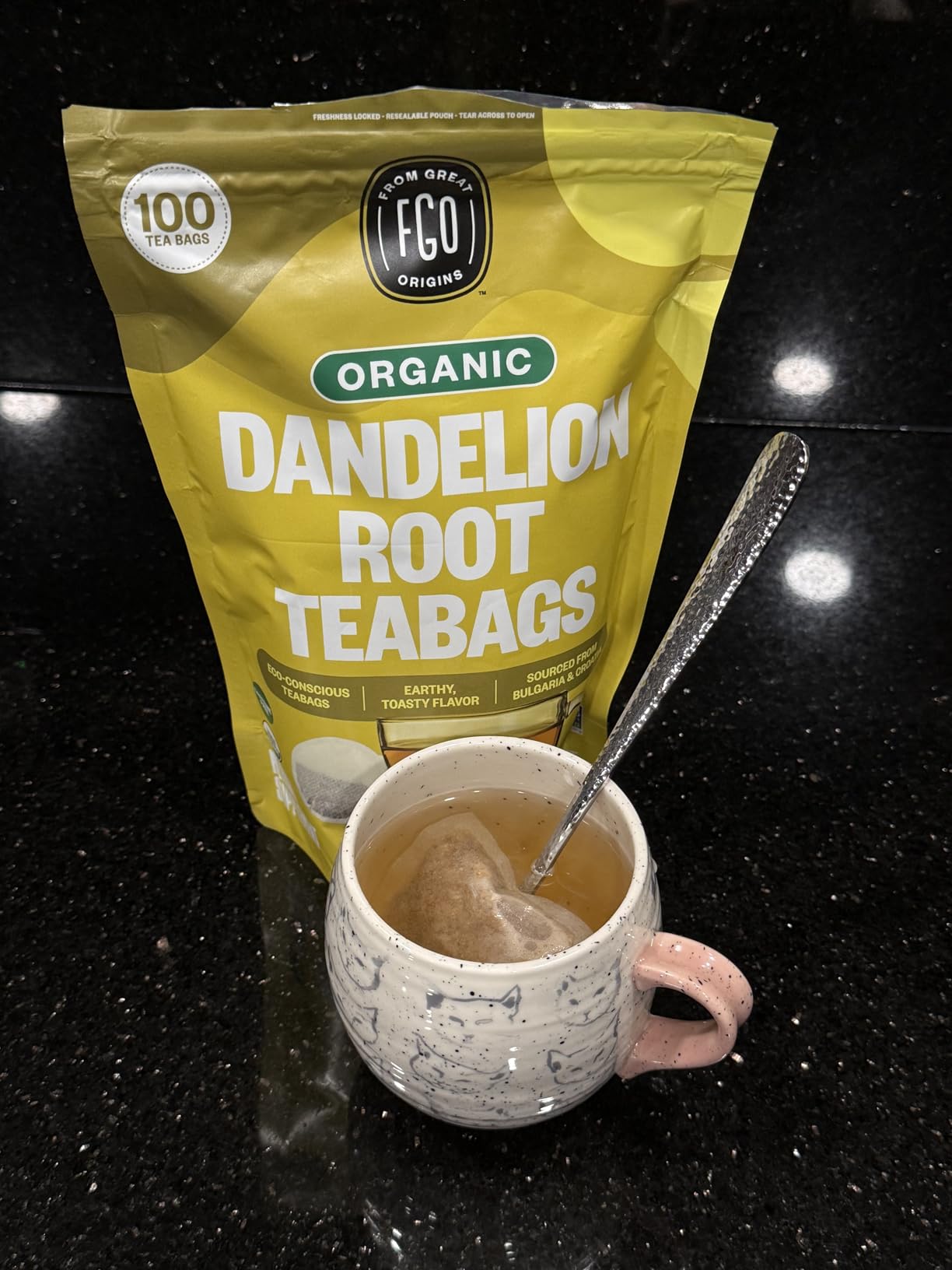FGO Organic Roasted Dandelion Root Tea, 100 Count, Eco-Conscious Tea Bags, Resealable Bag, Caffeine Free, Packaging May Vary (Pack of 1) customer photo 1