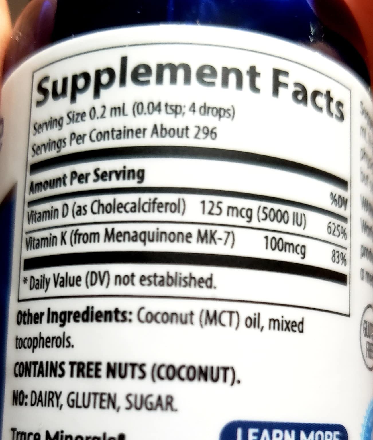 Liquid Vitamin D3 + K2 Supplement, 5000 IU, 2 fl oz | Ionic liquid drops, 100 mcg K2 per serving, bone and immune support, 3rd-party purity verified, 296 servings per bottle customer photo 1