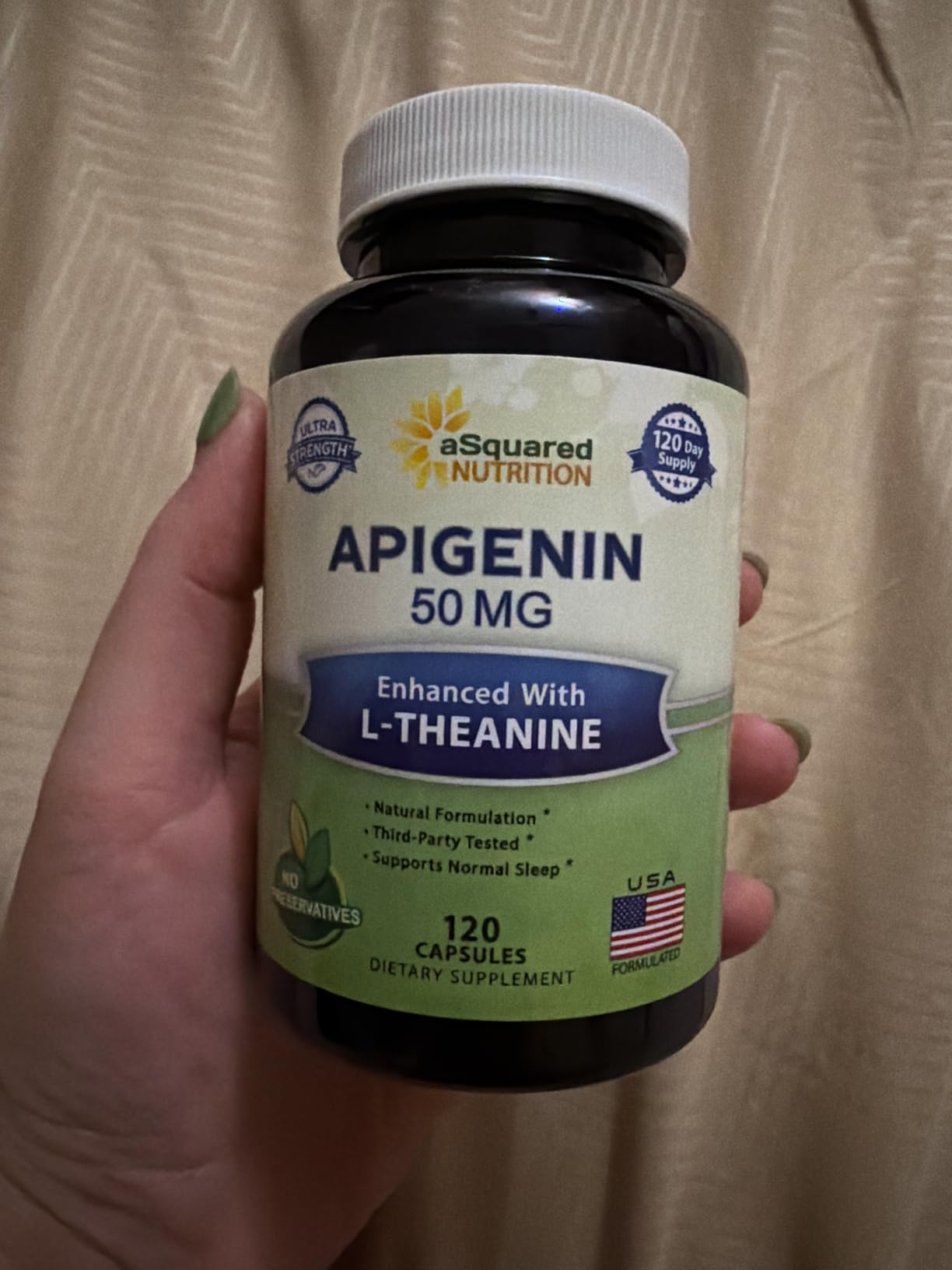 aSquared Nutrition Apigenin 50mg & L-Theanine 200mg - 120 Capsules - Apigenin Supplement Pills for Sleep and Relaxation - Natural Bioflavonoid Extract Found in Chamomile Tea customer photo 1