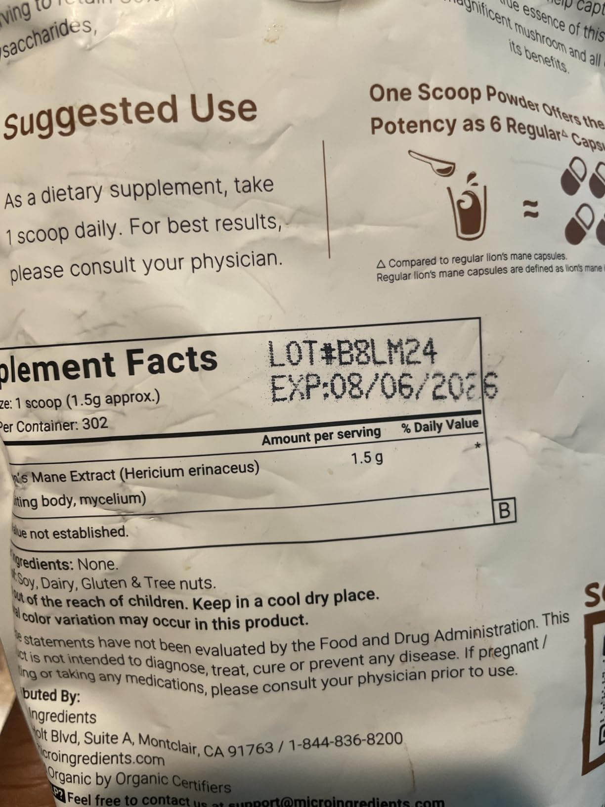 Micro Ingredients Organic Lion's Mane Mushroom Powder, 8oz | Pure Fruiting Body Superfood | Supports Brain, Focus, Energy & Immune Health | Great for Smoothies & Coffee | Filler Free, Vegan, Non-GMO customer photo 1