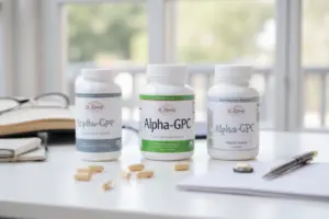 Alpha-GPC supplement capsules and bottles arranged on a clean desk for studying, concentration, and cognitive support