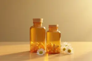 A glass bottle filled with apigenin capsules on a wooden bedside table, recommended in the 7 Best Apigenin Supplements for Deep Sleep guide.