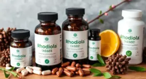 Rhodiola Rosea supplement capsules and natural golden root arranged to represent supplements for stress and mental fatigue support
