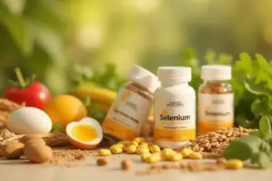 Selection of selenium supplement bottles and capsules arranged with natural antioxidant-rich foods for cellular health support