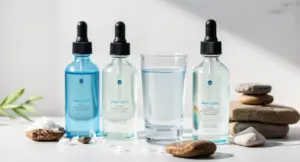 Glass of clean drinking water with mineral drops beside natural mineral-rich ingredients for water remineralization