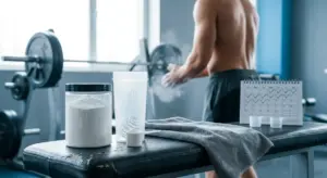 Athlete with creatine monohydrate powder, shaker bottle, and scoop illustrating a creatine loading=