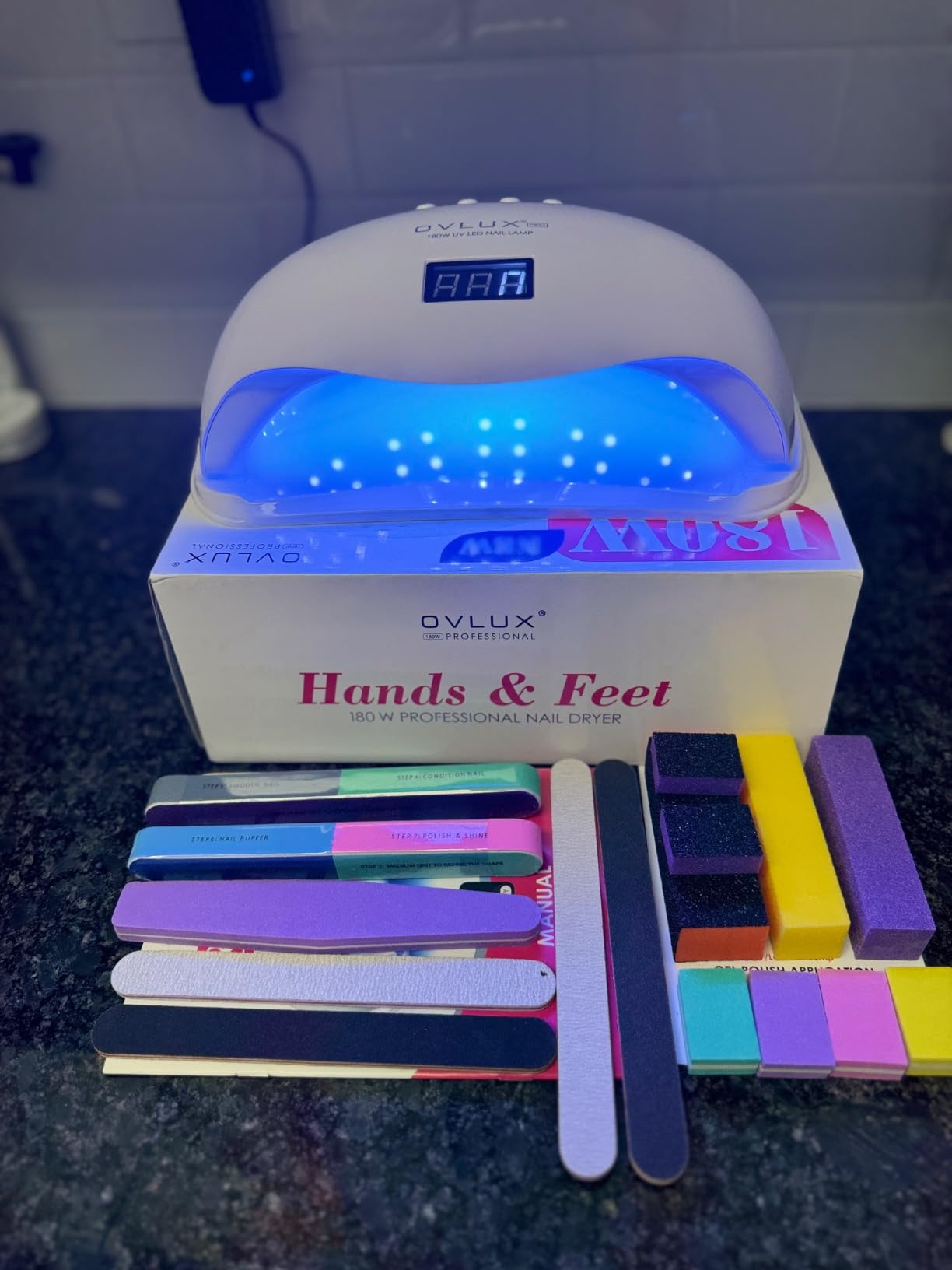 OVLUX 180W UV LED Nail Lamp Professional - Fast Gel Nail Dryer with 57 LEDs, LCD Countdown, Auto Sensor & Low Heat Mode, UV Light for Gel Nails, Salon & Home, Nail Buffer & File Set customer photo 1