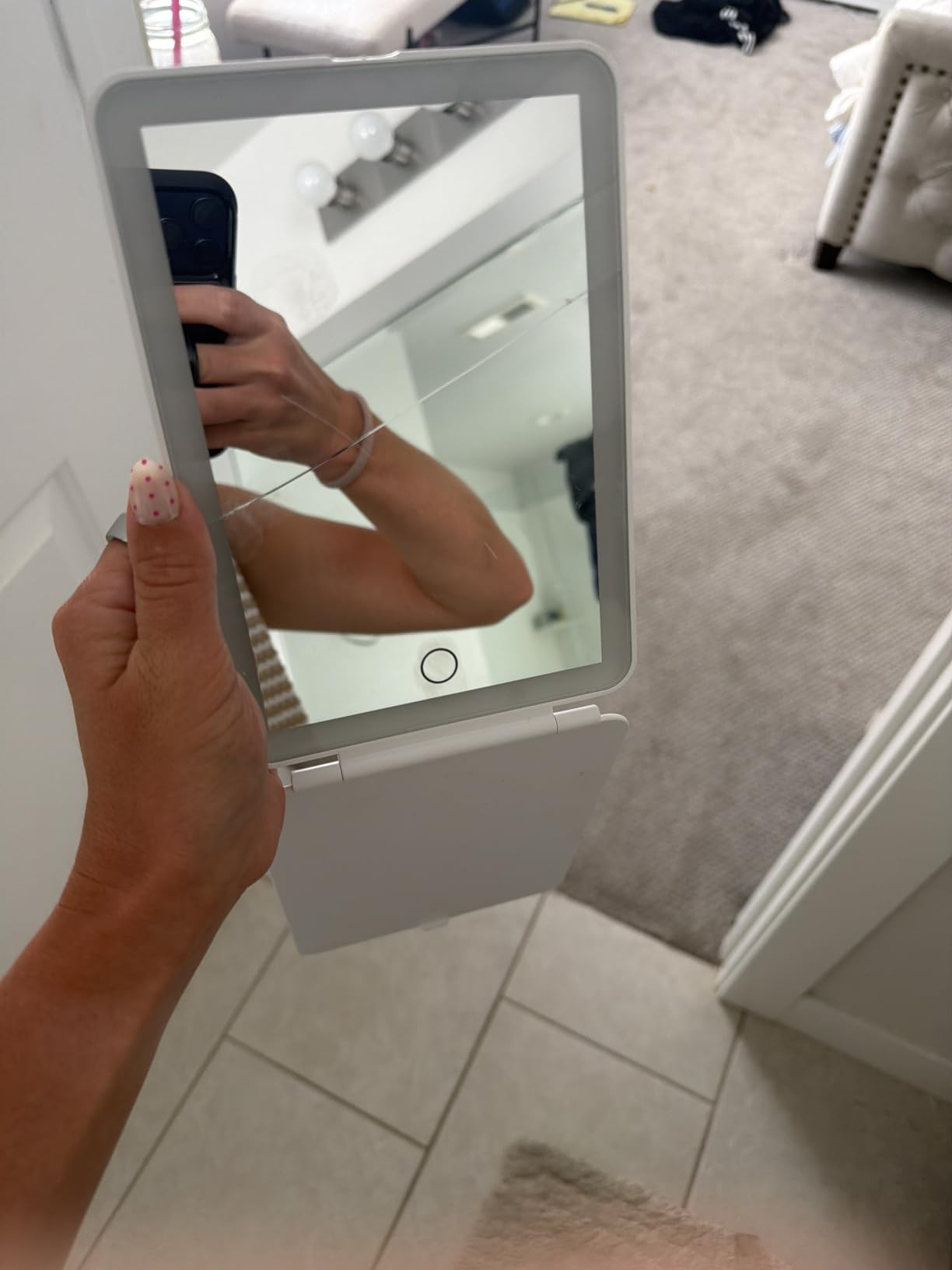 FUNTOUCH Rechargeable Travel Makeup Mirror with 72 Led Lights | Portable Lighted Beauty Mirror, 3 Color Lighting, Dimmable Touch Screen, Tabletop LED Folding Cosmetic Vanity Mirror customer photo 2