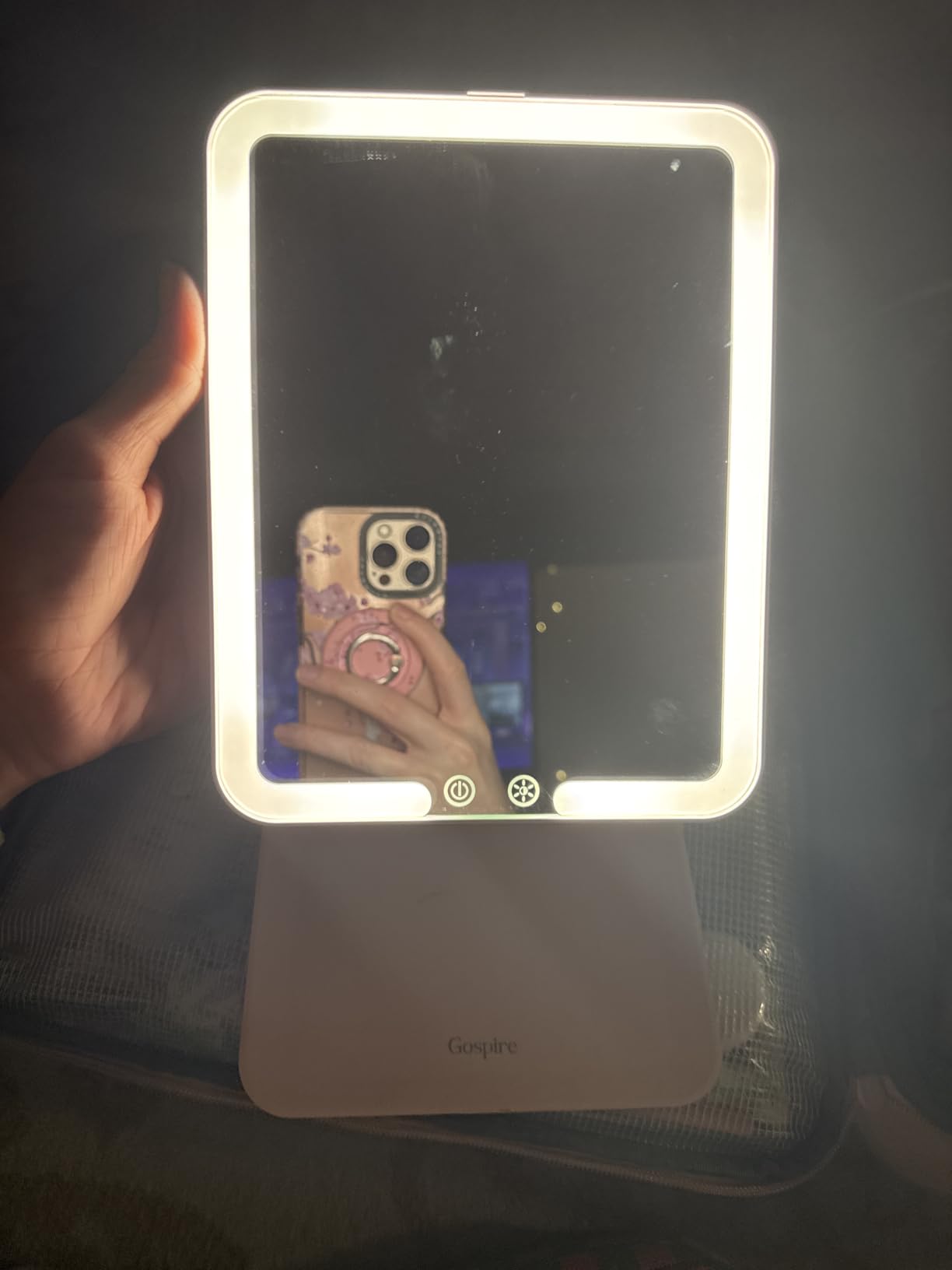 Gospire Travel Makeup Mirror with Lights and Magnification 10X, Pink | Portable Make Up Compact Tabletop Mirror with Adjustable Stand, 3 Colored Lights Rechargeable Lighted LED Vanity Mirror customer photo 2