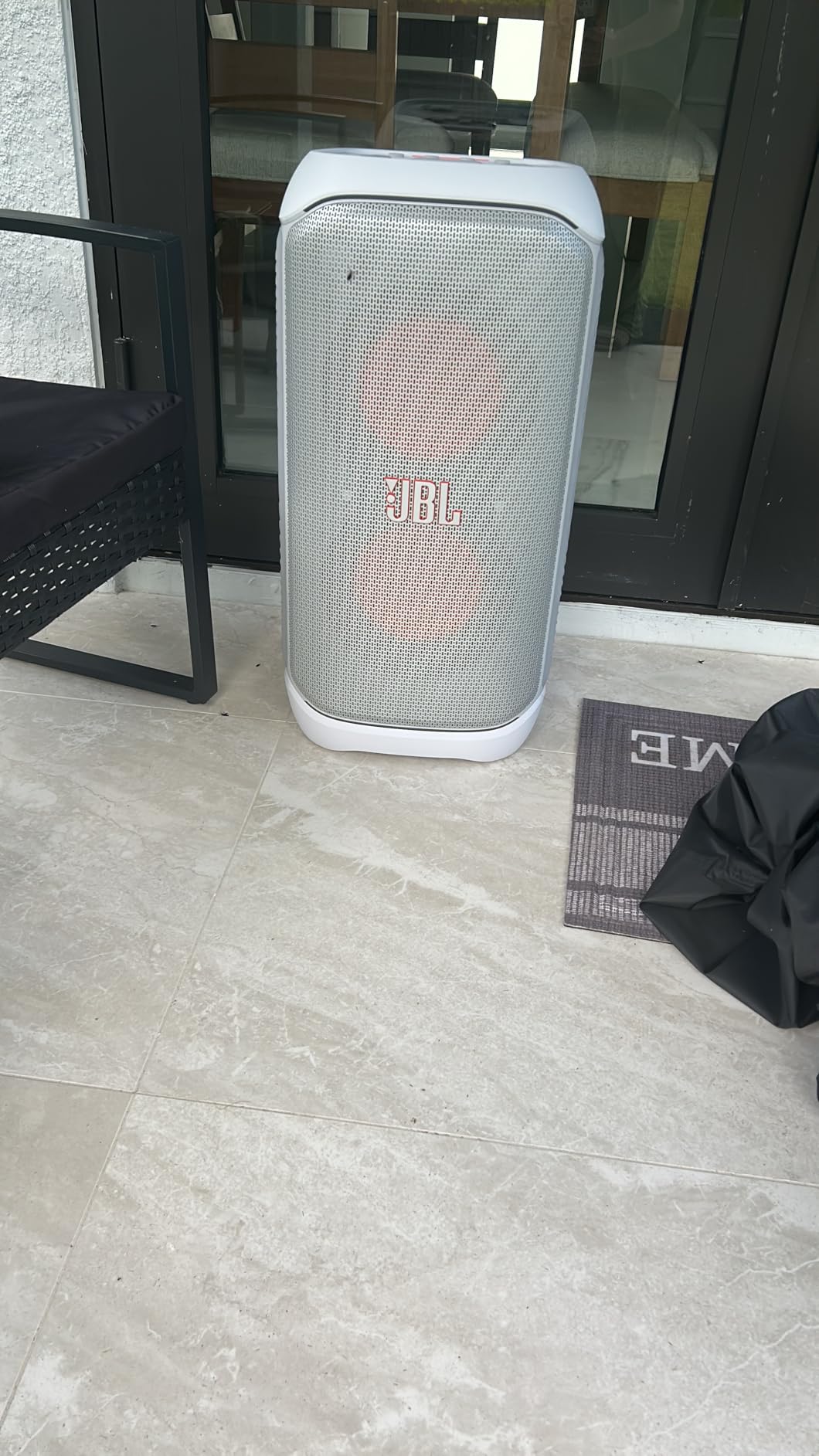 JBL PartyBox Stage 320 - Portable Party Speaker - White | Powerful JBL Pro Sound, Futuristic lightshow, Up to 18 hours of play time, Telescopic handle customer photo 1
