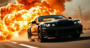 Dynamic action movie scene featuring practical explosions, high-speed vehicles, dramatic stunts, and realistic cinematic effects