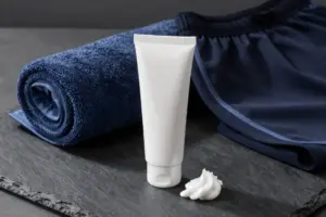 Tube of anti-chafing cream for men's thighs next to gym gear on a dark slate surface
