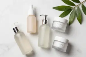 Azelaic acid creams for rosacea redness arranged on a marble surface with soothing green botanicals