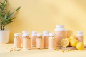 Selection of B-complex vitamin supplement bottles and capsules arranged with fresh natural ingredients for daily energy support