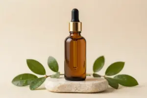 Amber glass bottle of bakuchiol serum for pregnancy anti-aging on a stone pedestal with botanical leaves