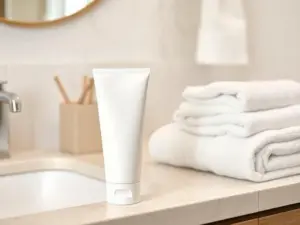 Minimalist tube of ball deodorant for men on a marble bathroom vanity next to folded towels