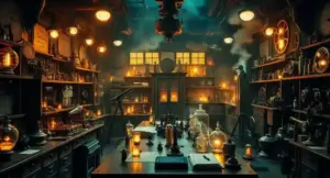 Cinematic collage representing famous scientific discoveries, inventions, laboratories, and historical innovation