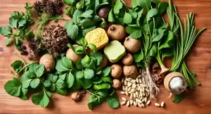 Fresh bitter herbs and leafy botanicals arranged naturally to represent traditional digestive wellness and herbal nutrition
