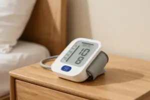 Digital blood pressure monitor for home use with an adjustable cuff resting on a bedside table
