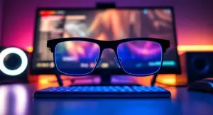 Modern blue light blocking glasses placed beside a gaming monitor with colorful ambient lighting for comfortable extended gaming sessions
