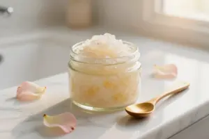 Glass jar of natural body scrub for glowing skin on a marble counter next to rose petals