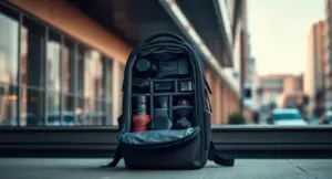 Durable camera backpack with organized photography gear beside an urban city environment for exploration and travel