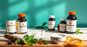 Chromium dietary supplement capsules and tablets arranged beside healthy foods representing blood sugar and glucose support