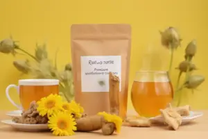 Selection of premium dandelion root tea products with dried dandelion roots and freshly brewed herbal tea