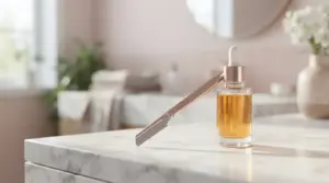 Sleek stainless steel dermaplaning tool for peach fuzz on a marble bathroom counter