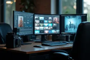 A professional editing suite setup used to watch the 10 best documentaries about musicians and artists.